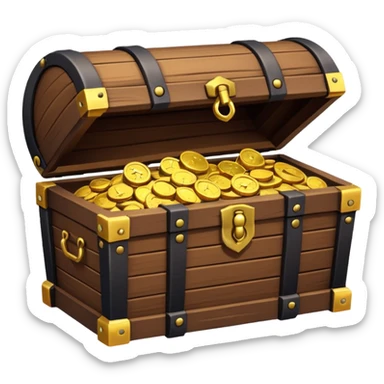 pirate treasure chest object icon, wooden chest with gold details, slightly open with coins, 3D cartoon, mobile game icon style, centered, clean background, no text, no watermark
 sticker