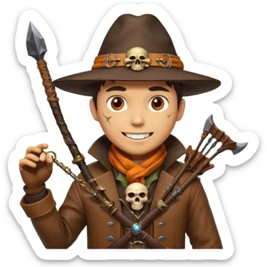 male human monster hunter emoji, wearing brown leather coat and wide hat, holding crossbow, with amulet shaped like skull, Halloween fantasy theme, confident smile, orange scarf, Apple emoji style, clean white background, square image sticker