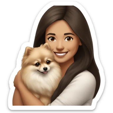 beige and white Pomeranian in the hands of a white young woman with dark brown hair smiling and cuddling the dog  sticker
