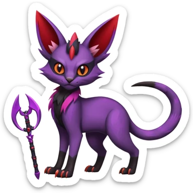 Black edgy Noivern-Noibat-Purloin-Torracat-Lykoi-Caracal-cat-Fakemon-fusion-hybrid-creature with violet and red scale markings, with a scythe-shaped blade-tail-tip sticker