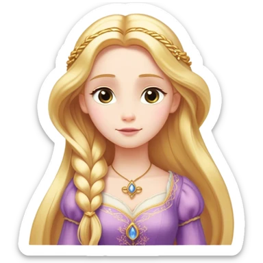 Cinematic Serene Rapunzel Portrait Emoji, rendered in a simplified vector style. Depict a gentle Rapunzel (chest and above) with delicate porcelain skin and long, shimmering golden hair, her expression calm and reflective, dressed in her traditional attire. The image is imbued with a soft, luminous glow and a subtle glowing outline. sticker
