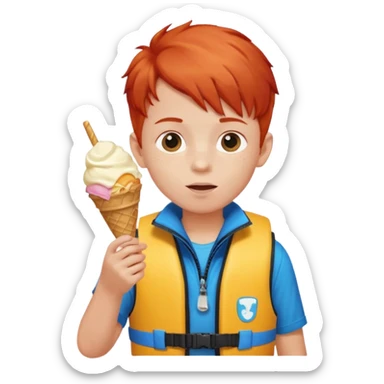 boy kid red haired wearing life jacket, eating ice cream sticker