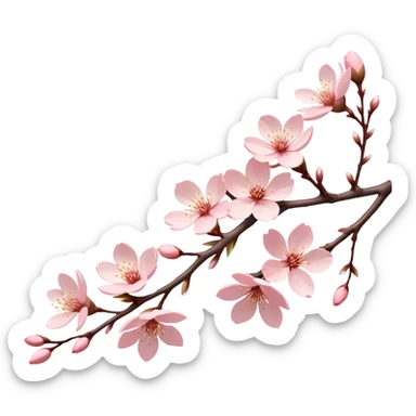 Cinematic Realistic Sakura Flowers on a Branch, depicted as delicate, soft pink blossoms gracefully adorning a slender, gently twisted branch, illuminated by subtle, warm natural light that accentuates their ethereal beauty and transient charm, poetic spring scene sticker