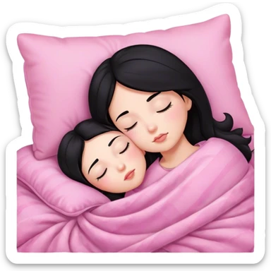 Girl with fair skin black hair sleeping on pink pillow and blanket sticker