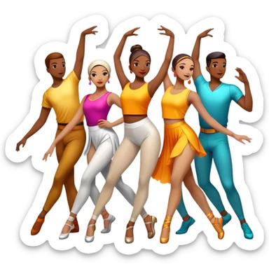 Icon for Contemporary Dance: a synchronized guys and girls group performance on stage with backup dancers in bright, modern outfits and dynamic lighting. The icon should capture the energy and coordination of a dance routine, with a focus on movement and stage presence. Transparent background. sticker