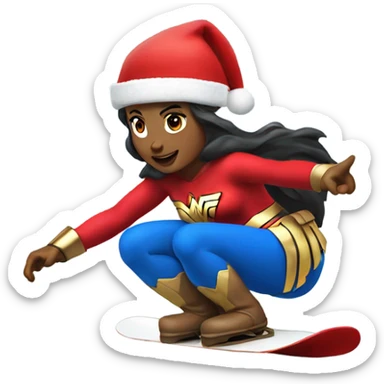 Wonder Woman on snowboard wearing a Santa Claus hat sticker