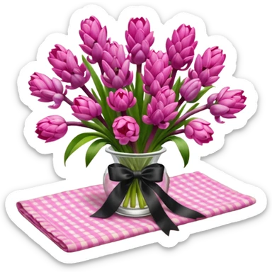 A lush bouquet of bright pink color Hyacinths black satin ribbon, resting on an antique wooden table, with a pale yellow and pink plaid pattern table cloth sticker