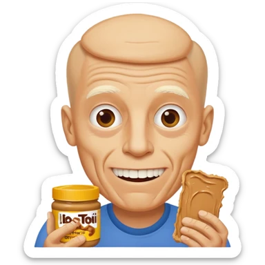 White man, barely any hair, lots and lots of wrinkles, bad yellow teeth, and peanut butter sticker