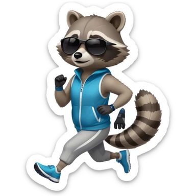friendly anthropomorphised raccoon in sports wear, wearing dark sunglasses, jogging upright in relaxed pose sticker