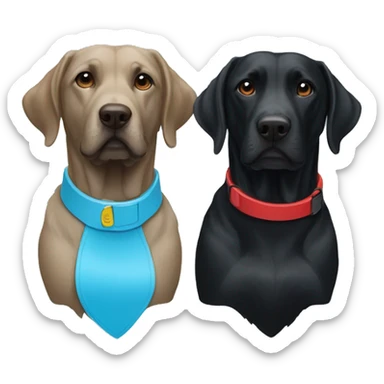 two dogs looking to the right. both black labradors, one with a red colour and the other with a light blue collar sticker