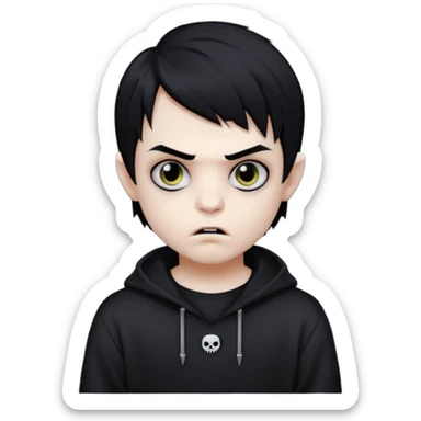 Vampire boy with the black emo hair, pale-white skin, black eyes, little fangs and dark circles under his eyes. He has serious face and he wear a black oversize sweatshot sticker