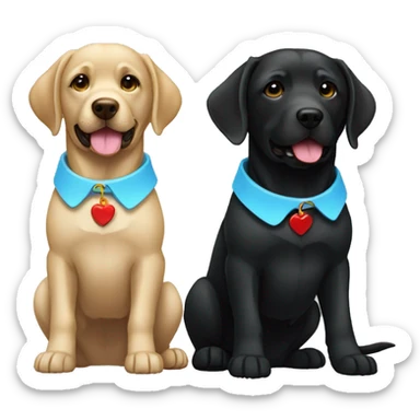 2 labradors. both black. one with a light blue collar, one with red collar. sticker