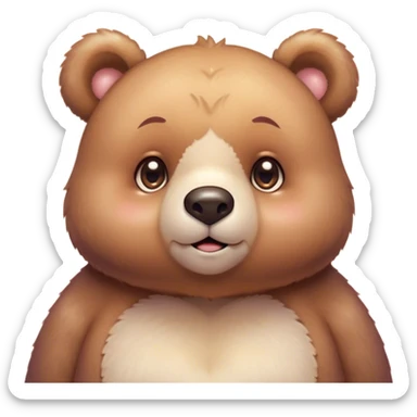 Cinematic cute soft bear, chubby round face, tiny ears, warm fuzzy fur, blushing cheeks, sparkling kind eyes, soft glowing background, heartwarming and huggable. sticker