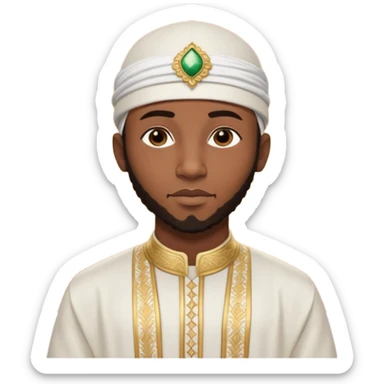 Muslim Black man of West African origin, deep brown skin, dressed in a white bazin riche with embroidery, kufi cap, standing in a warm sunset atmosphere, calm and spiritual look, photo realistic, cinematic lighting, 4K, high detail. sticker