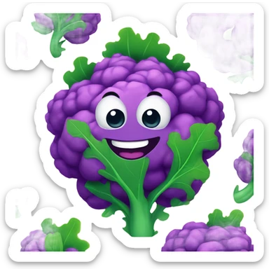  Cheerful purple cauliflower with vibrant green leaves, a cute face with big expressive eyes and a friendly smile, styled in a cartoonish and playful design. sticker