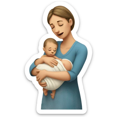 European sad mother with newborn sticker