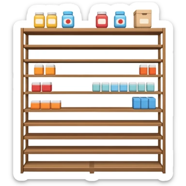 "Minimalist Japanese shelf display, products aligned identically in horizontal rows, each item repeated directly behind the other (multiple units in depth), vertically varied by type, clean spacing, precise symmetry, soft neutral lighting, front-facing packages, ultra-detailed." sticker