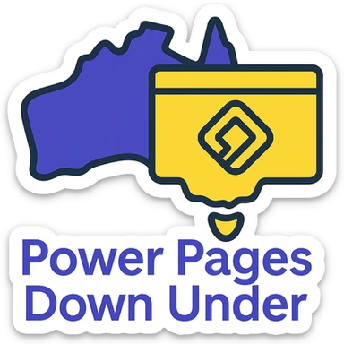 Make the icon more colorful by using #403DAD, a vibrant purple, and #fff7ad as accent colors. Keep the map of Australia with the official Microsoft Power Pages icon overlay and the text 'Power Pages Down Under' in a clean, modern font. No digital web overlay sticker