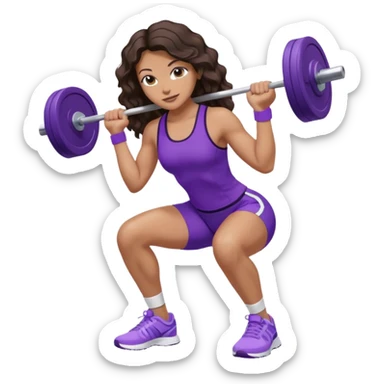 mujer de tez trigueña, con cabello castaño oscuro ondulado con pequeñas ondas, con el cabello super largo hasta las rodillas estilizado, con ropa deportiva morada/lila, tenis blancos deportivos y levantando una pesa sticker