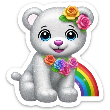 Lisa frank white glitter bear with rainbow roses sticker