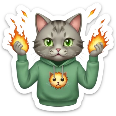 A cat in a green sweatshirt with exploding brains sticker