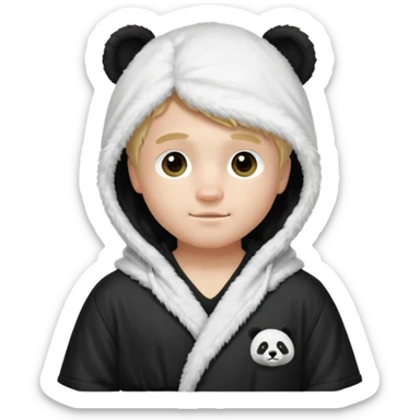 Create a blond boy with long, messy hair, light eyes, a white t-shirt, rich, with long hair, blue eyes, medium-length, voluminous hair, wearing a black Nike bathrobe and a little blush near his nose. and with a panda balaclava, but showing her hair. sticker