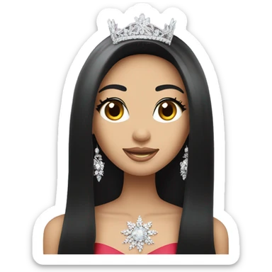Miss universe south east Asian with very long straight black hair with a crown sticker
