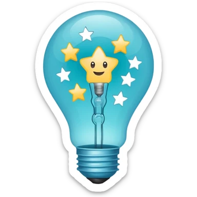 Light bulb icon with three small stars inside the bulb, flat emoji style, outline with blue and turquoise colors, white background sticker