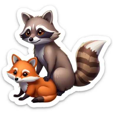 Collage of a raccoon and a fox, in close-up, surrounded by a colorful forest with rich green trees, thick bushes, and vibrant foliage. Sunlight peeks through the branches, casting warm light on the animals. A lively, natural setting with a transparent background. sticker