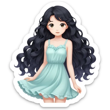 Pretty anime girl with flowing black wavy hair and a soft delicate pastel dress, kawaii style sticker