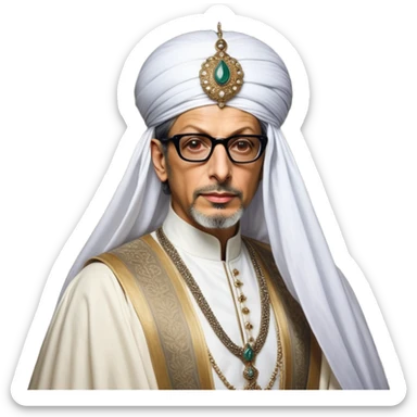 Jeff Goldblum no glasses as a regal portrait dressed as _cinematic-realistic-portrait-of-suleiman-the-magnificent,-depicted-as-a-regal-ottoman-sultan-adorned-with-a-large,-white,-round,-tall-turban-and-a-majestic-grey-beard,-his-commanding-gaze-bathed-in-warm,-historic-lighting-that-exudes-timel sticker