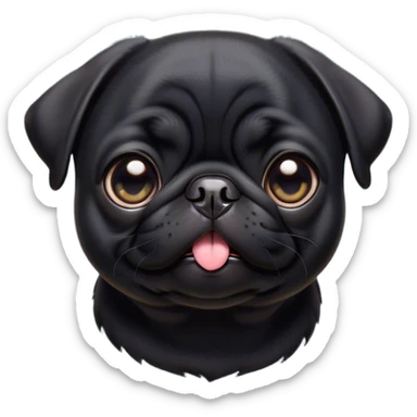 Cinematic Cute Black Pug Portrait Emoji, Head tilted playfully and inquisitively, featuring a glossy black coat with a smooth finish, round, sparkling dark eyes filled with curiosity, Simplified yet irresistibly adorable features, highly detailed, glowing with a warm, friendly glow, high shine, affectionate and lively, stylized with a touch of whimsy, bright and endearing, soft glowing outline, capturing the essence of a mischievous yet loving pup, so playful it feels like it could bounce out of the screen and into your arms! sticker