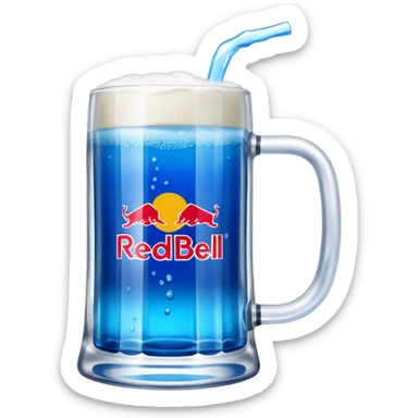 Large clear glass mug similar to beer stein with bright blue liquid inside. Put redbull drink logo on  mug. Add ridges to mug  sticker