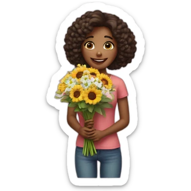 A girl is photographed with a bouquet sticker