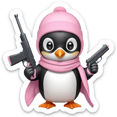 penguin wearing light pink ski mask holding a light pink gun sticker