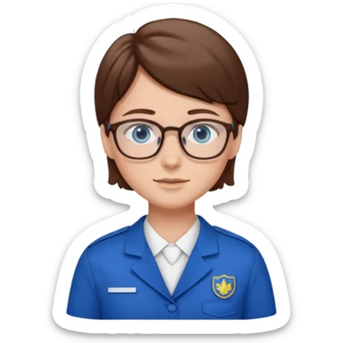 Generate from my photo brown hair blue eyes with glasses wearing care blue uniform sticker