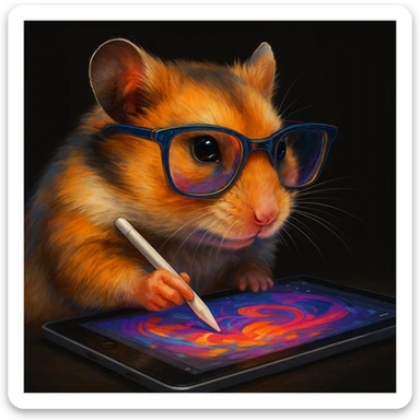 a unique, colorful, modern, highly realistic hamster wearing cool glasses, creating a design or making animations, showing creative action, illustrated in Procreate on an iPad, solid black background, not kiddish sticker