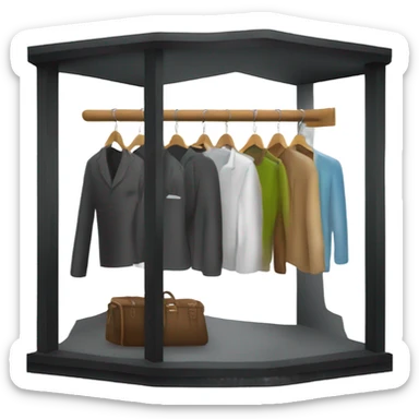 Design an emoji-style icon of an open wardrobe with clothes hanging inside. Include details like a wooden frame, hangers, and only black or white different clothing items such as shirts or any other clothing . Use a clean and minimalistic design. sticker