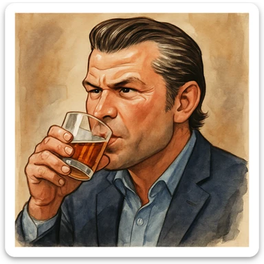 Pete Hegseth drinking alcohol, realistic cartoon style sticker