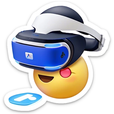 Clash of Clans aesthetic: Cinematic Playful PlayStation VR Headset Portrait Emoji, rendered in a 3D vector-style similar to standard emojis with minimal shading and bold, simplified shapes. A compact, distinct form with signature details, softly glowing with a cutting-edge console technology charm. Simplified yet unmistakably iconic, highly detailed and consistent, glowing with a soft radiance and high shine. Stylized with a touch of technological advancement and a soft glowing outline, capturing the essence of a beloved gaming relic with a friendly, playful manner! sticker