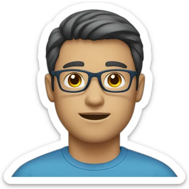 male employee dark short hair glasses blue shirt sticker