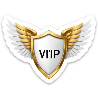 Gold shield with white wings and a large, bold VIP text in the center, simplified clean design with emphasis on the VIP label sticker