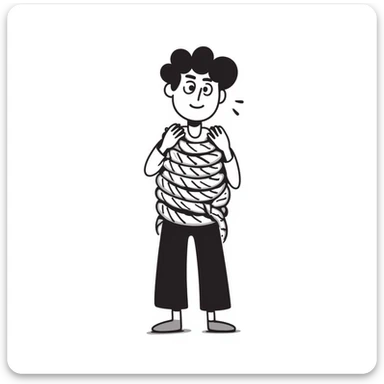 A person humorously tied up and tangled in rope with a silly expression, drawn in a lighthearted way sticker