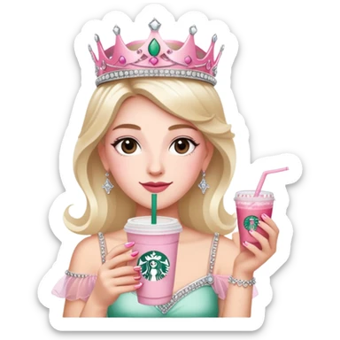 Me with French tip fingernails, a tiara, and a pink Starbucks drink  sticker