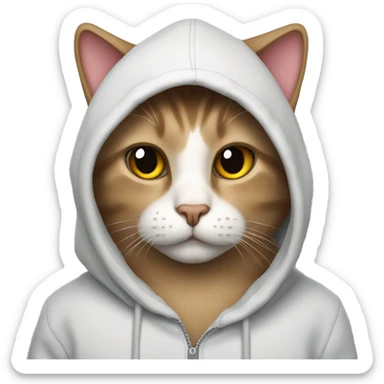 Cat wearing a hoodie with heart eyes sticker