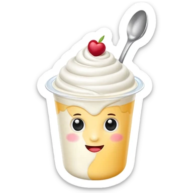 A 3D cartoon yogurt cup with a spoon, creamy white top. sticker