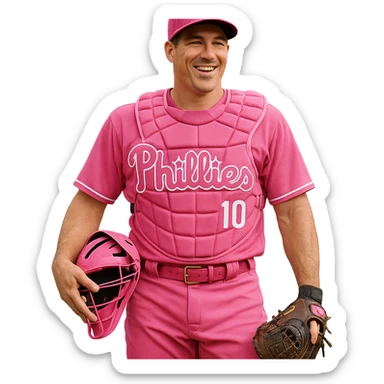 J.T. Realmuto wearing an all pink baseball uniform for Mother's Day, realistic details, baseball gear, cheerful expression sticker