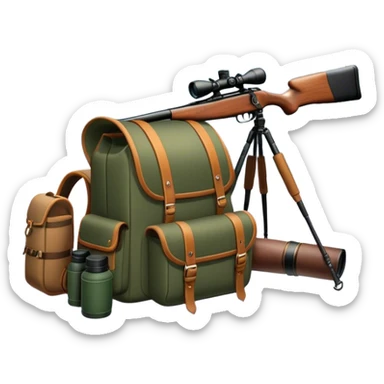 Icon for Hunting Tourism: a hunting rifle, binoculars, and animal tracks in the snow, with a forest background and a hunter’s backpack. The icon should represent the adventure and experience of hunting in nature. Transparent background. sticker