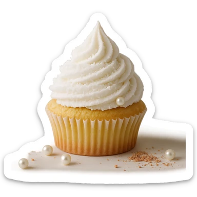 Change the icing to coconut (white, with a slightly textured or shredded coconut appearance), keep the realistic cupcake and accessories, photorealistic style, transparent background. sticker
