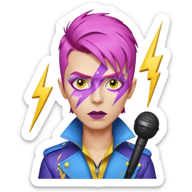 male rockstar emoji character inspired by David Bowie, short side-swept pink hair, lightning bolt face paint across one eye, yellow emoji skin, dark lipstick, purple and blue futuristic jacket, microphone in front, white background sticker